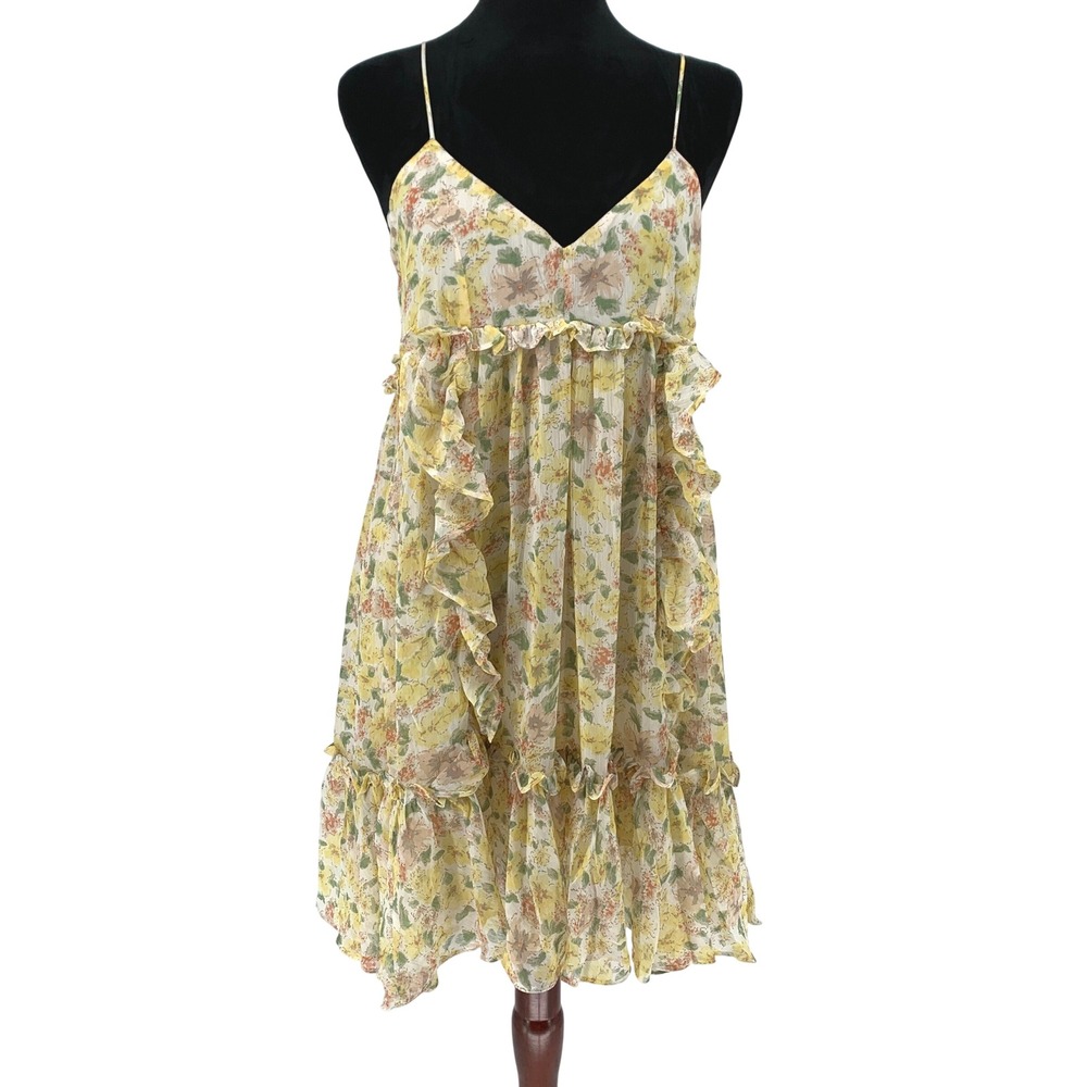 Anthropologie Maronie Yellow Floral Ruffle Babydoll Dress Small Sleeveless